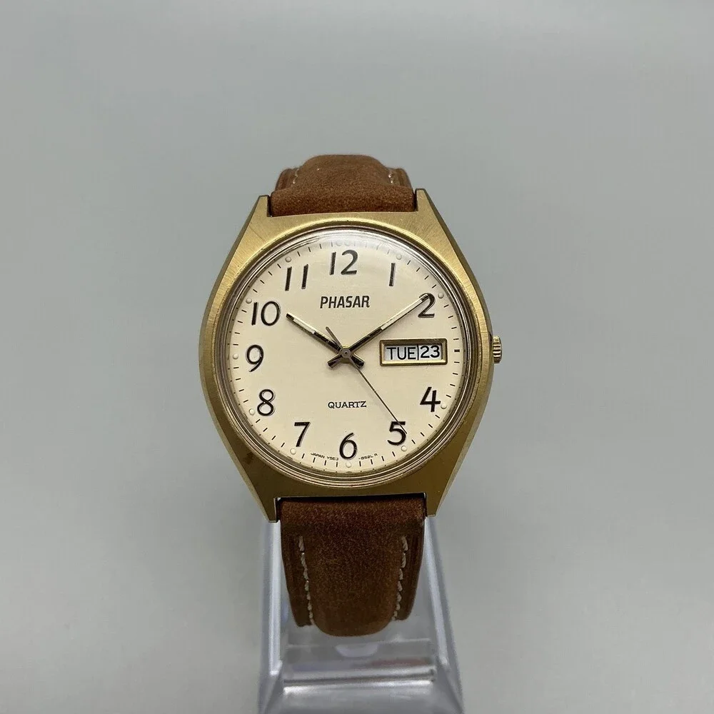 Vintage Phasar Mens Watch 35mm Y563-8430 Gold Tone Day Date New Battery